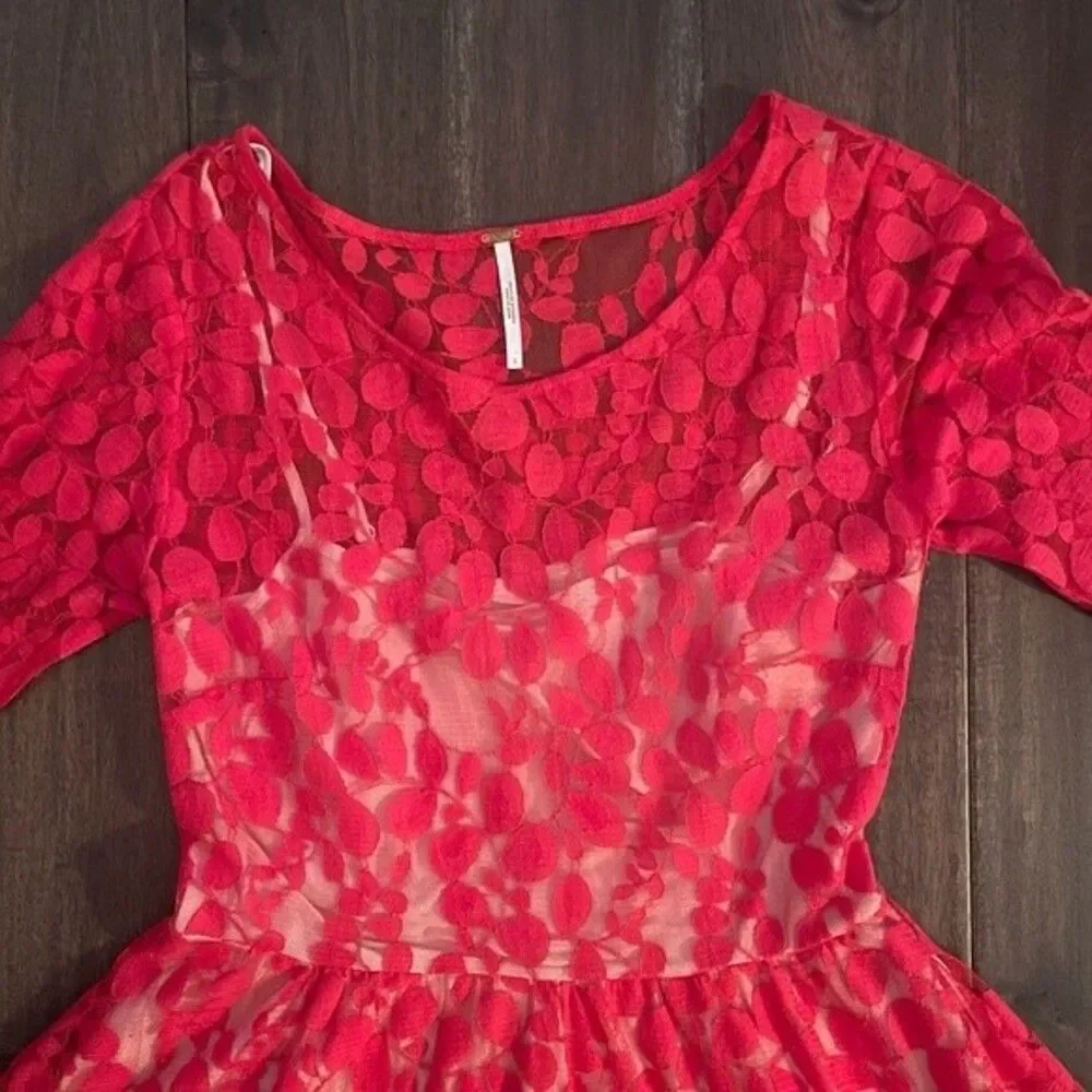 Free People Floral Mesh Lace Dress Hot Red 2